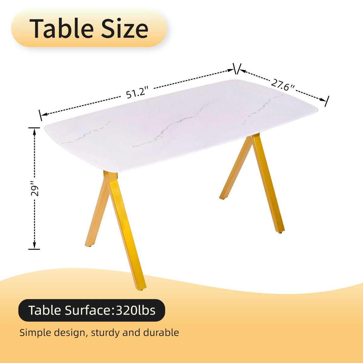 Rectangular dining table featuring a tempered glass tabletop with a marble-patterned design and golden metal legs, ideal for restaurant dining settings.
