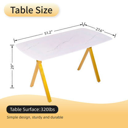 Rectangular dining table featuring a tempered glass tabletop with a marble-patterned design and golden metal legs, ideal for restaurant dining settings.