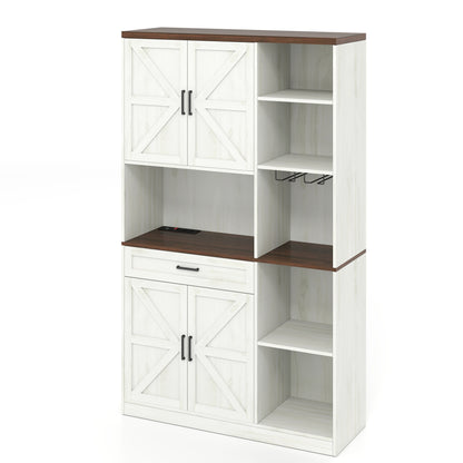 Antique White Farmhouse Kitchen Pantry Sideboard with Cabinet and Drawer, Multi-Functional Kitchen Buffet with Hutch and Glass Holder, 71'' Microwave Stand with Charging Station