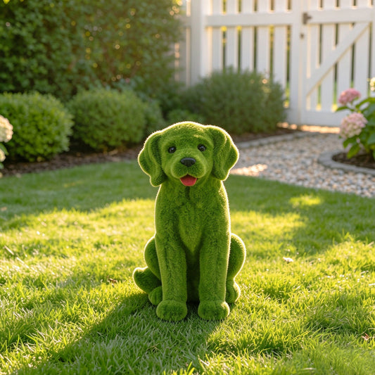 13.7' Garden Statue, Flocked Dog Figurine Style A, Resin Green Grass Effect Puppy Sculpture, Yard Lawn Patio Porch Landscape Ornament, Decor Gift for Garden & Pet Lovers