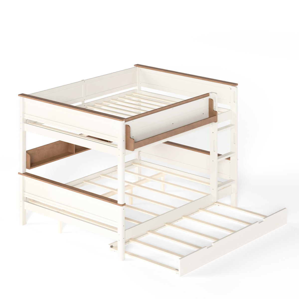Queen over Queen Wood Bunk Bed with Pull-out Trundle Bed, Side Storage Shelf, Detachable Bunk Bed Frame, Convertible Into 2 Separate Beds for Kids Teens Adults, Beige&Natural