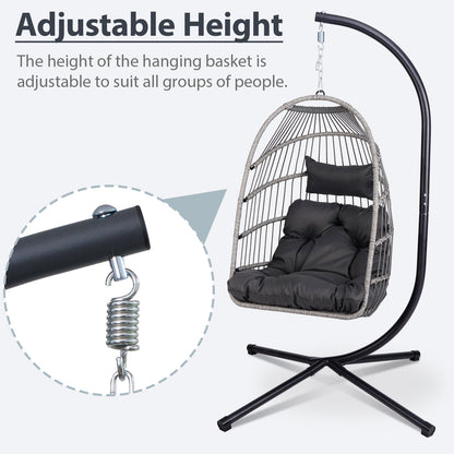Foldable Hanging Egg Chair with Stand and Pillow, HDPE Rattan and Heavy Duty Aluminum-Steel Frame, Outdoor Patio Wicker Swing Egg Chair with Headrest and Cushioned, 350 Lbs Capacity (Gray)