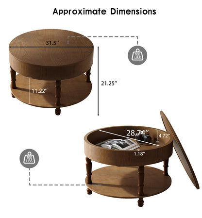 Coffee Table with Dual Storage, 31.5" Modern Round Coffee Table with Storage and Hidden Compartment, Adjustable Leveling Feet, Easy Assembly - Walnut