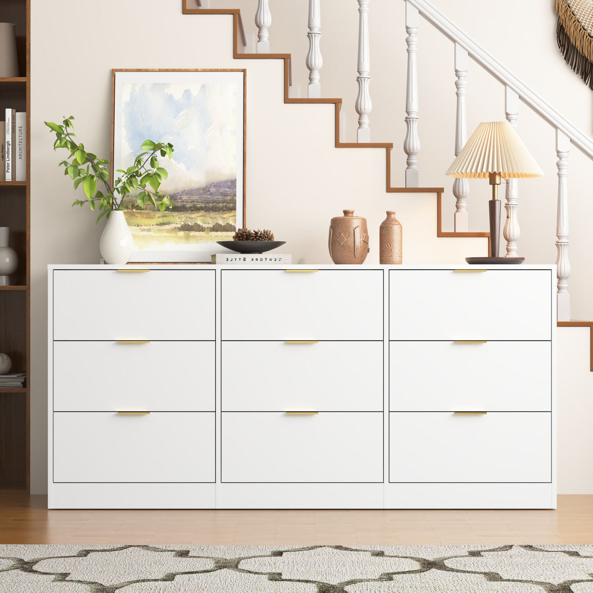 White 9 Drawer Dresser, 63" Large Deep Chest of Drawers, Wooden Dresser Storage Cabinet with 9 Drawers, Long Dressers – Model W409S00015