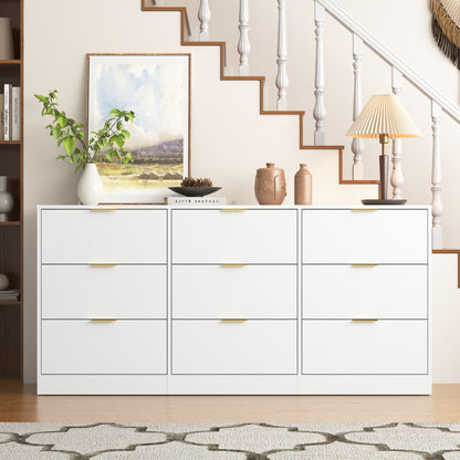 White 9 Drawer Dresser, 63" Large Deep Chest of Drawers, Wooden Dresser Storage Cabinet with 9 Drawers, Long Dressers – Model W409S00015