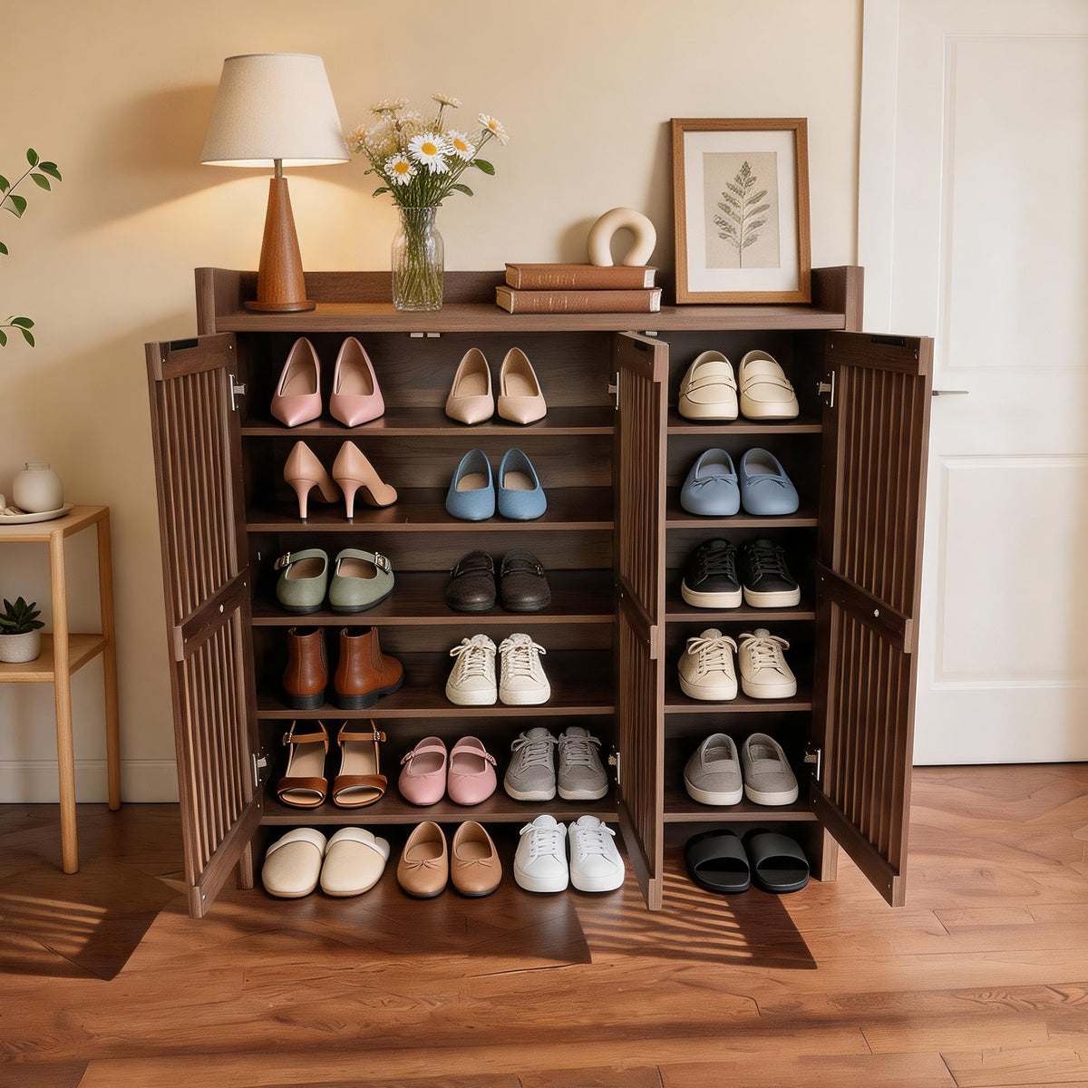 Walnut Entryway Shoe Storage Cabinet with Slatted Doors, Modern Wooden Hallway Console Table with Top Display Shelf, Mid-Century Accent Chest for Foyer, Living Room, and Mudroom Organization