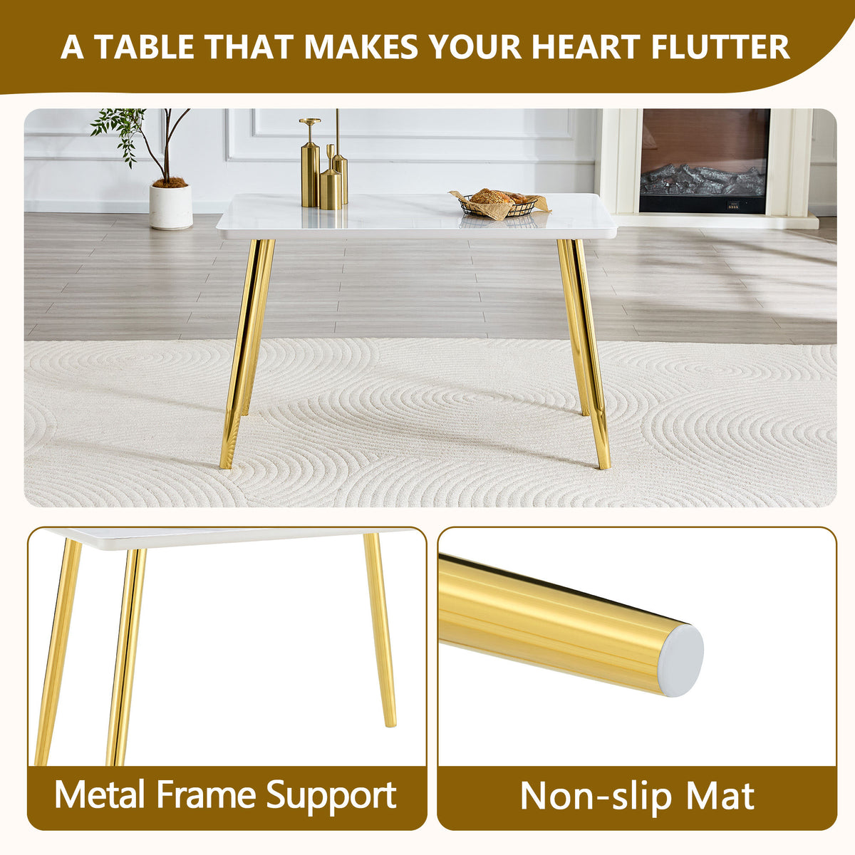 Modern minimalist rectangular dining table, suitable for 4-6 people. Tempered glass countertop+lower MDF board, imitation marble texture – Model W1151S04622