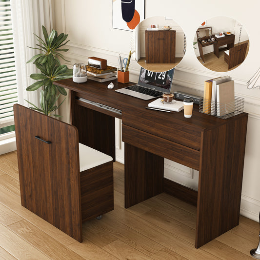 Multi-functional stretching desk, 47-inch foldable desk, makeup table with mirror, has 3 usage modes, equipped with storage function stool, suitable for bedroom, apartment (Walnut)
