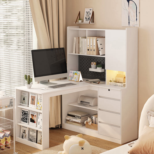 L Shaped Desk with Charger, Computer Desk with Drawers, Bookshelf, with LED Light, Modern Corner Desk, Home Office Desk – Model W1321S00023