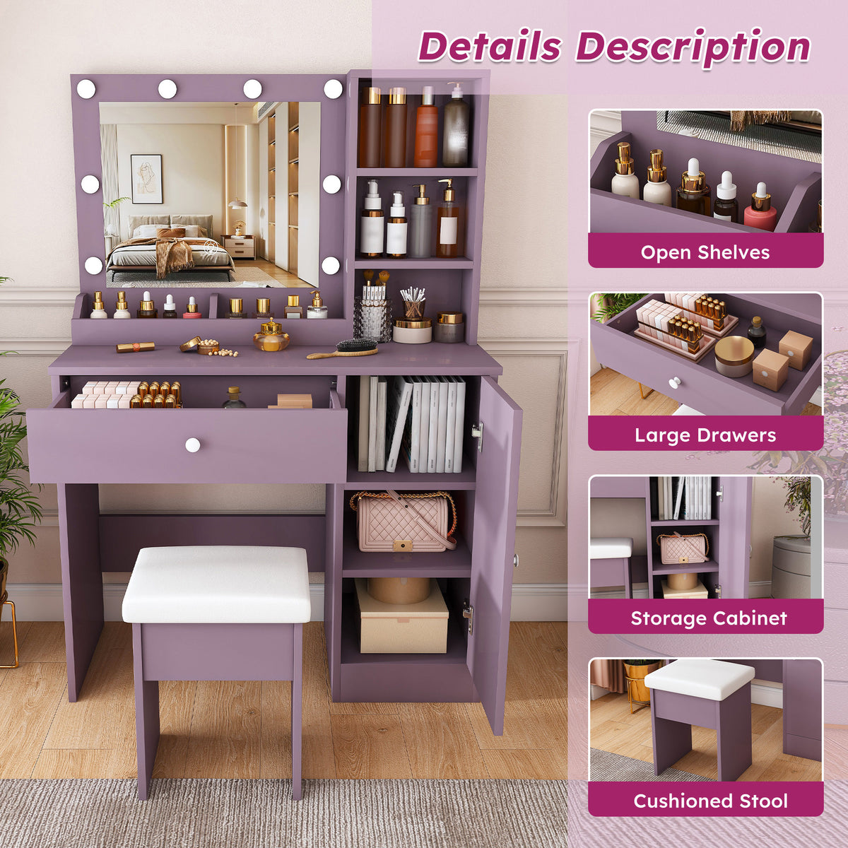 Modern Purple Vanity Desk Set with Padded Stool and Adjustable LED Mirror, 3 Color Light Modes, MDF Construction