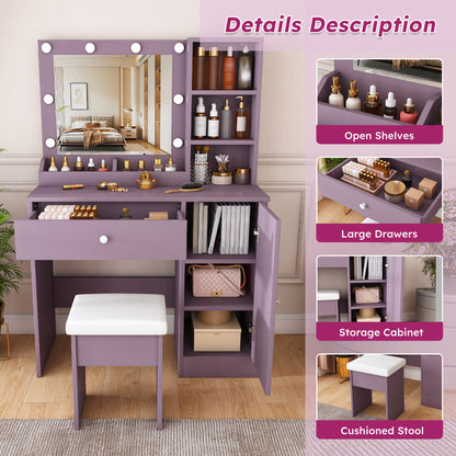 Modern Purple Vanity Desk Set with Padded Stool and Adjustable LED Mirror, 3 Color Light Modes, MDF Construction