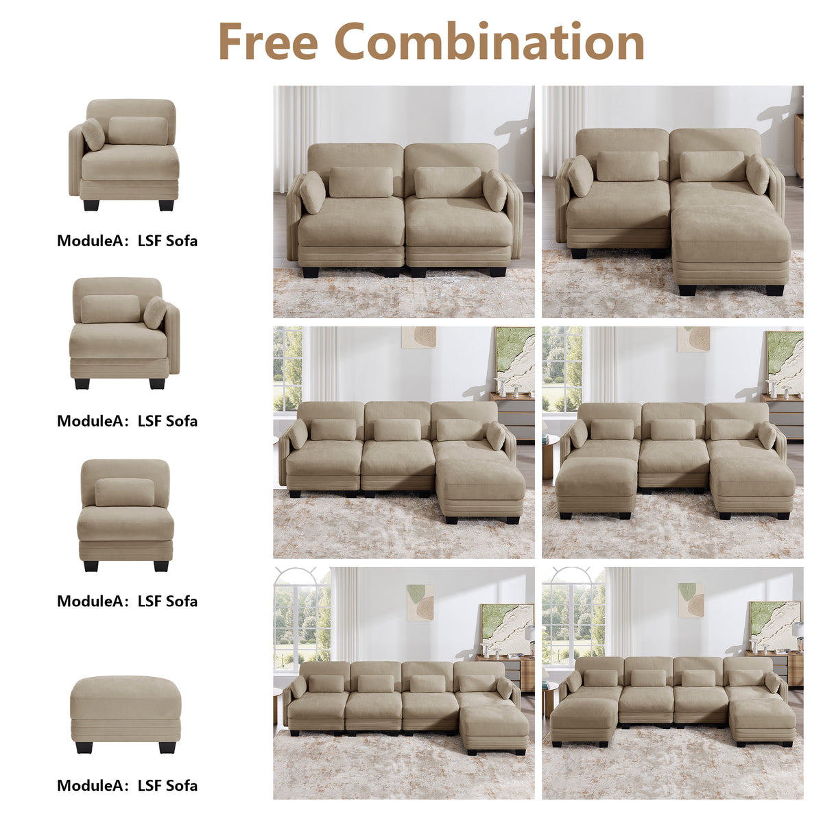 Channel Tufted Design Modern Minimalist Modular Sectional Loveseat Sofa, 2-Seater Couch with Thick Comfortable Seat Cushions, Suitable for Living Room, Bedroom and Apartment, Camel Chenille