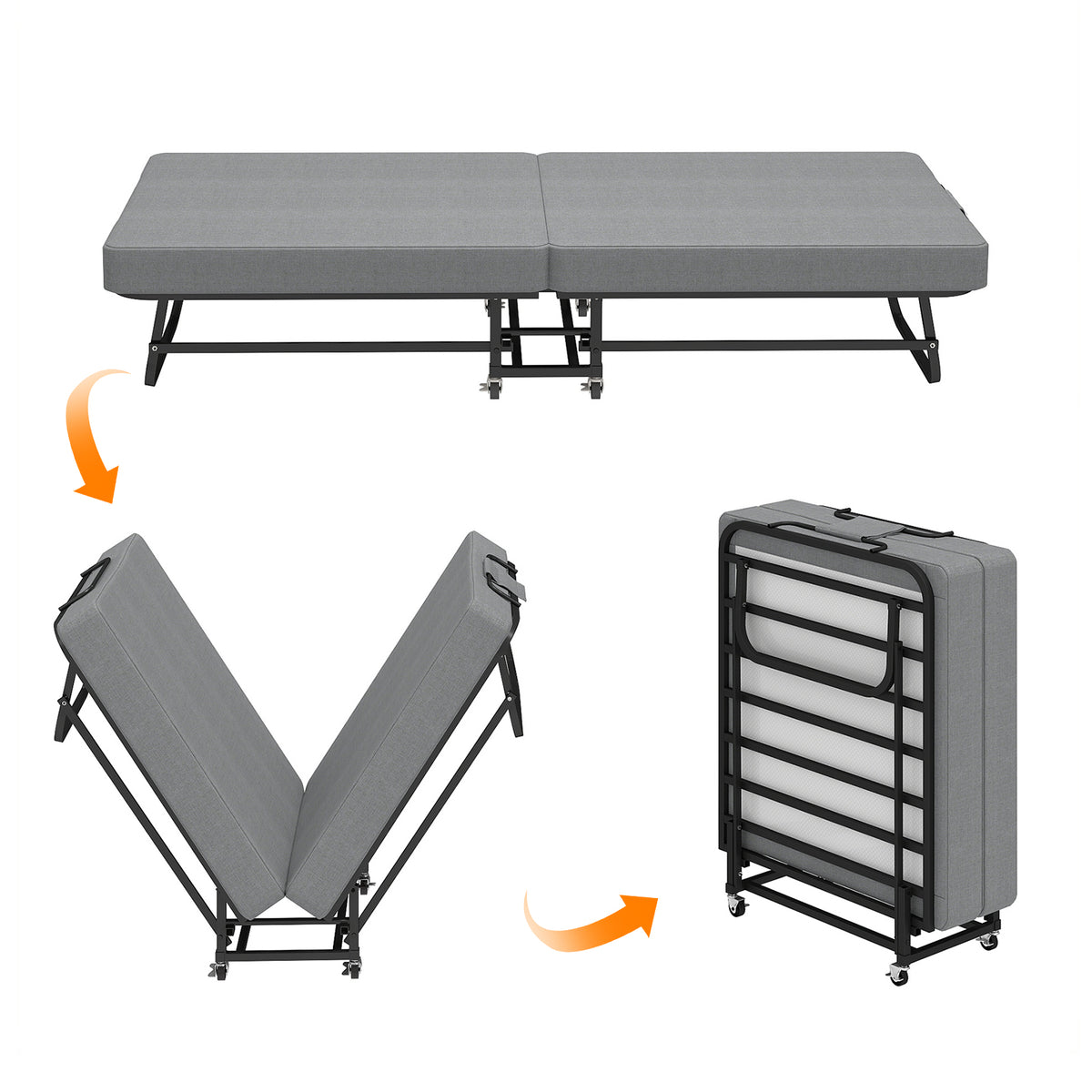75" Folding Bed with Memory Foam Mattress, 4 Lockable Wheels Portable & Space Saving, Reinforced Steel Frame Quietly Supports 450 lbs, Folds Upright – Essential for Small Apartments & Guest Rooms