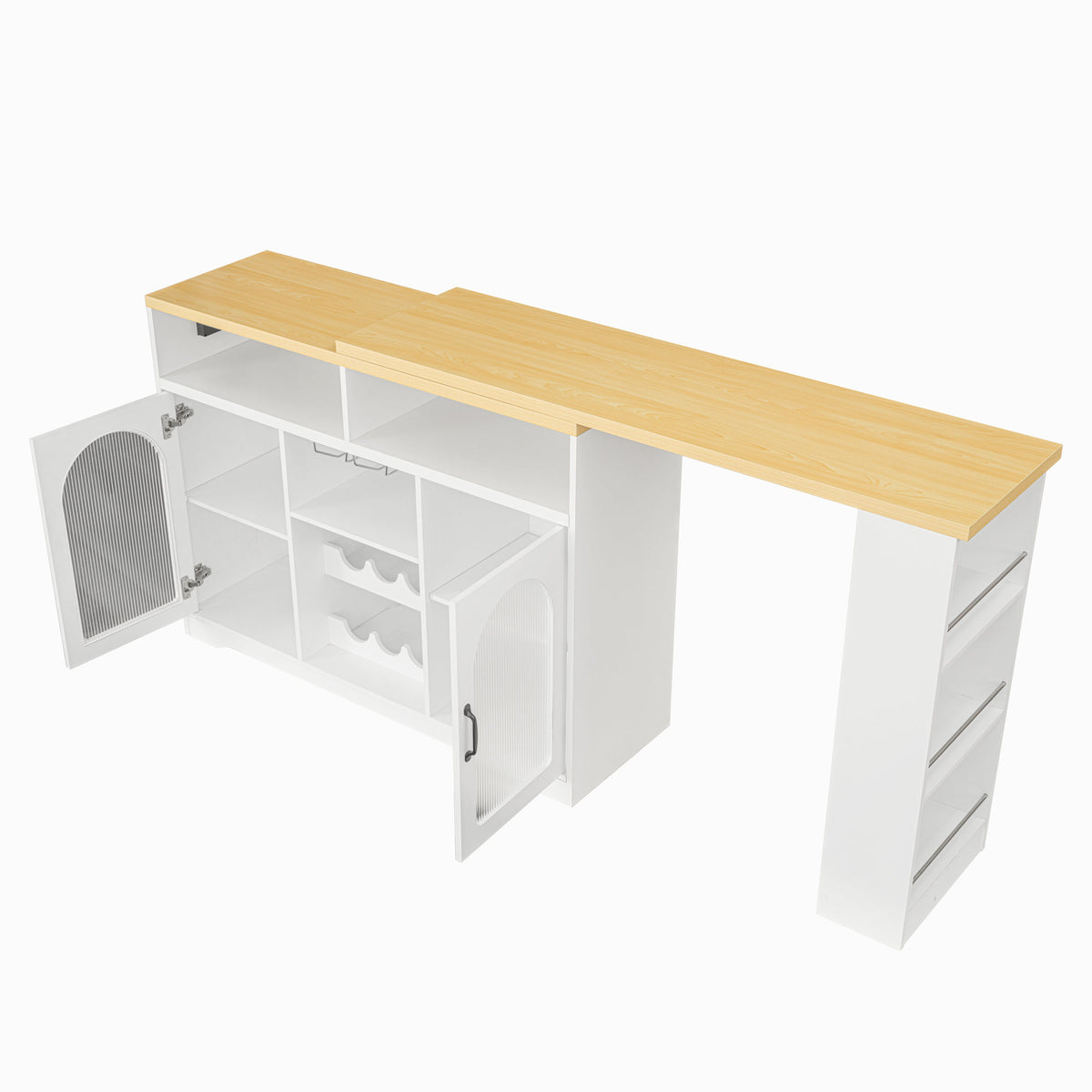 U_STYLE Sideboard with Extendable Tabletop and Wine Rack, Counter Height Bar Table with Color LED Lighting and Left-side Power Outlet, Mobile Farmhouse Wine Cabinet Cart on Wheels (Chairs Not Included