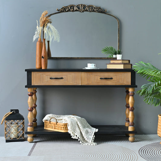 Easy Assembly 47.64" Accent Rustic Solid Wooden Carved Console Table With Turning Legs , Living Room Rectangle Console Table With Open Shelf And 2 Drawers
