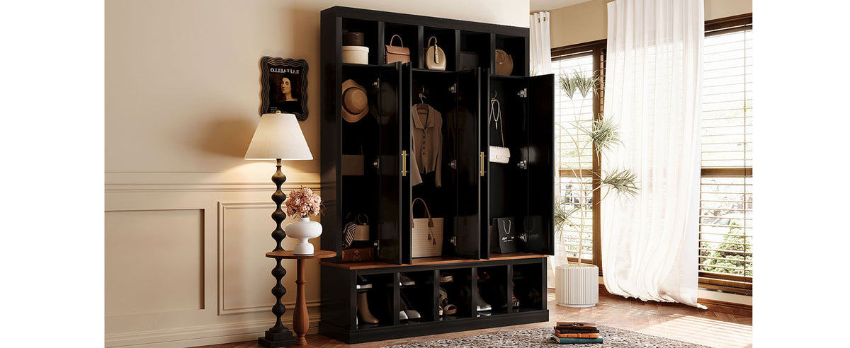 U-Can Farmhouse Entryway Storage Cabinet Coat Closet with Shoe Rack & Display Cubbies