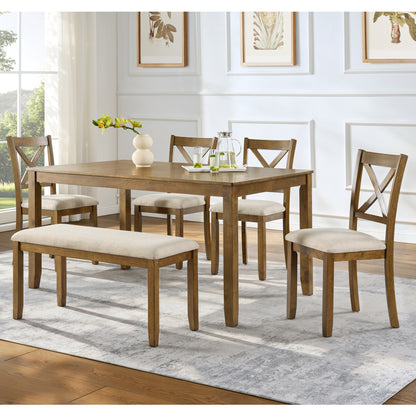 Oak Finish 6-Piece Dining Table Set – Large Rectangular Table with Upholstered Bench & 4 X-Back Chairs, Solid Rubberwood Frame, Farmhouse Kitchen Furniture for Family Dinners & Gatherings