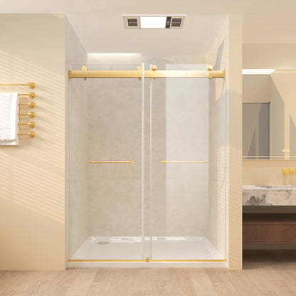 Frameless Sliding Glass Shower Doors 56-60" Width x 76"Height with 3/8"(10mm) Clear Tempered Glass, Brushed Gold