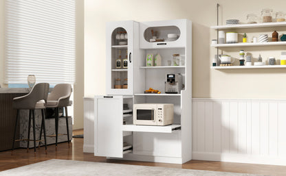 TREXM Tall Freestanding Kitchen Pantry Cabinet with Arched Glass Door, Flip-Up Cabinet Door, Pull-Out Shelves & Drawer, Adjustable Shelves, Storage Cupboard for Kitchen Dining Room (White)