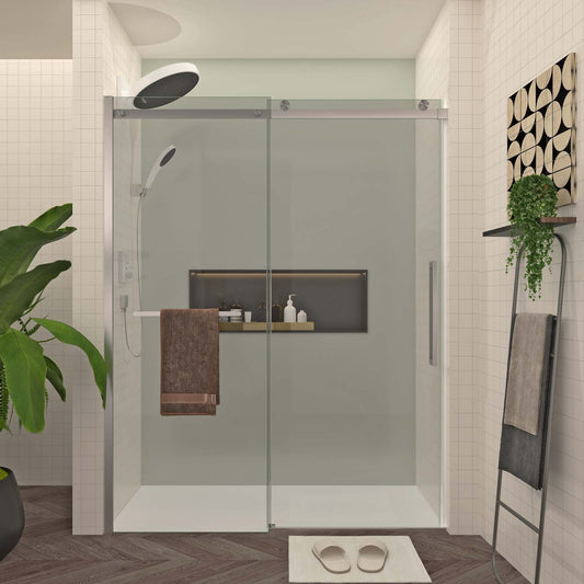 S-RM6076TN 56-60'W x 76'H Sliding Shower Door, Frameless Glass Shower Door with Brushed Nickel Hardware, Towel Bar and Handle,Drop Shipping available