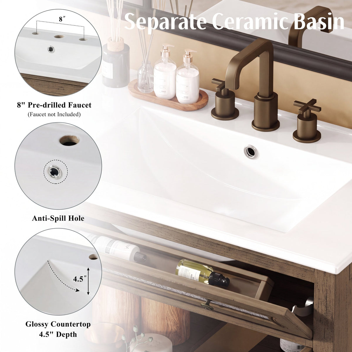 30' Antique Pattern Bathroom Vanity with Rectangle Ceramic Sink, Bathroom Vanity Cabinet with Tip-Out Tray / Flip-Out Drawer, Equipped with Antique Handles and Rubber Wood legs, Vintage Light Brown