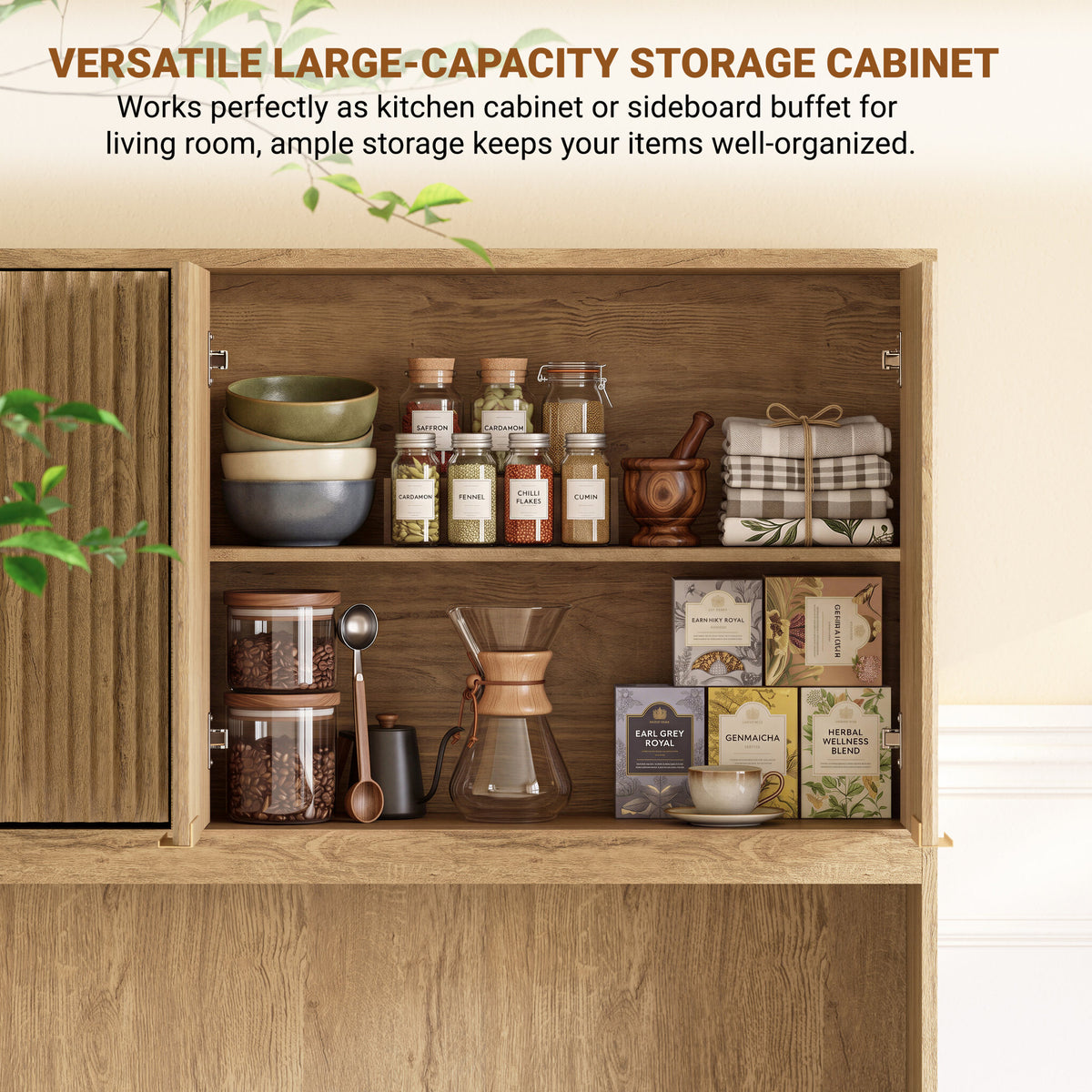 71" Tall Kitchen Pantry Cabinet with Power Outlet, Hollow Open Countertop, Modern Multi-Functional Storage Hutch Cabinet for Dining Room, Entryway and Living Room,Natural