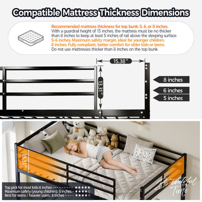 Metal bunk bed (single bed), suitable for children/teenagers/adults. 14.17-inch high guardrails. Single bunk with 19 crossbars and a weight capacity of over 400 lbs. Under-bed storage. Black.