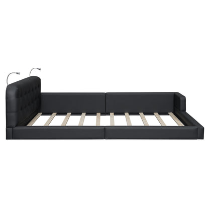 Queen Size Upholstered Platform Bed with 2 Reading Lights, Black