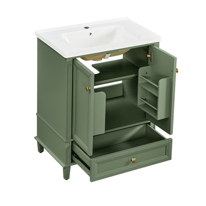 27.8" Modern Bathroom Vanity Set with Reinforced Legs & Painted Surface, Mid-Century Freestanding Bathroom Vanity Sink with Storage, High-end Restroom Vanity Cabinet with Drawer& Hidden Storage Shelvs