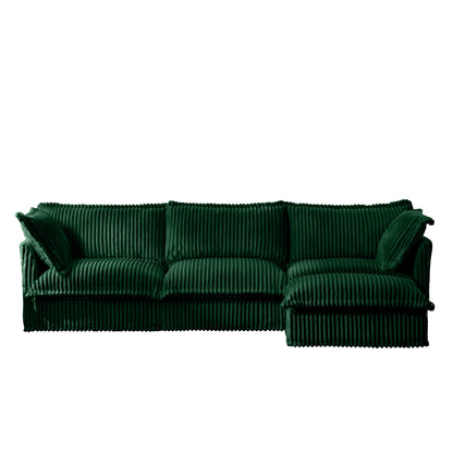 L-Shaped Slipcovered Sectional Sofa Couch, Comfy Deep Seat Cloud Couch with Convertible Ottoman & 2 Big Pillows, Modern Oversized 3 Seater Slipcovered Sofa Set for Living Room Office, Green Corduroy