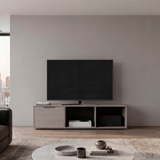 Bishopville modern TV rack and media console in Wenge and Positano for stylish living rooms