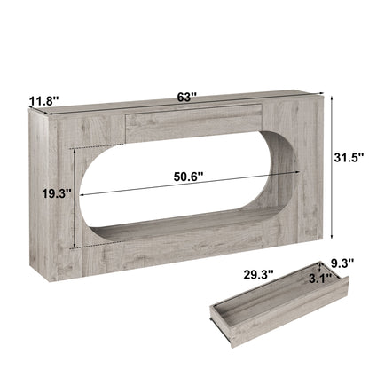 Modern Grey Wood Grain Console Table, Particle Board Entryway Table with Storage Drawer, Hollow Oval Cutout Narrow Sofa Accent Table for Hall Foyer Li