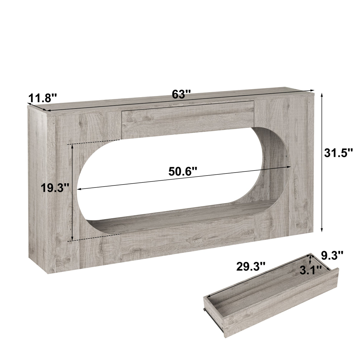 Modern Grey Wood Grain Console Table, Particle Board Entryway Table with Storage Drawer, Hollow Oval Cutout Narrow Sofa Accent Table for Hall Foyer Li