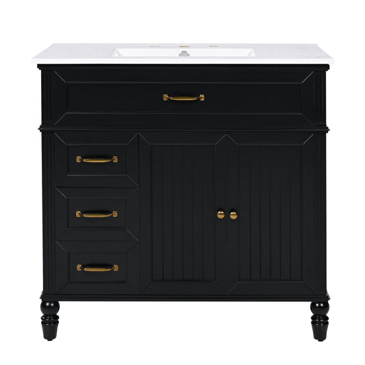 36' Vintage Black Bathroom Vanity with Ceramic Sink, Solid Acacia Wood Frame & Legs,  2 Doors and 2 Drawers with Soft-Closing Devices