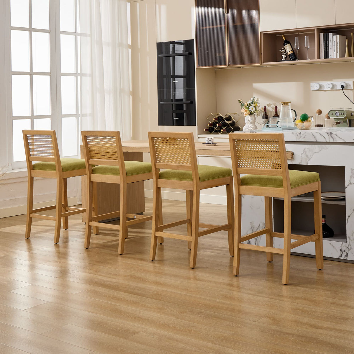 Full Solid Wood Rattan-Back Bar Stool, Matte Linen Cushion with High-Resilience Foam & S-Springs, Ideal for Rustic/Natural Style Kitchen Island, Low Bar in Dining Room & Café,Set of 2,Green,SW1872OL