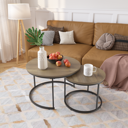 Nesting Coffee Table Set of 2, 27.6inch Round Industrial Wood Finish with Sturdy Metal Frame