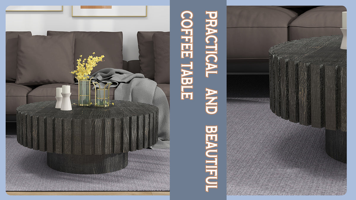 Modern minimalist circular black coffee table, 31.4-inch natural wood color and texture, space aesthetics suitable for easy assembly in living rooms, study rooms, and dining rooms