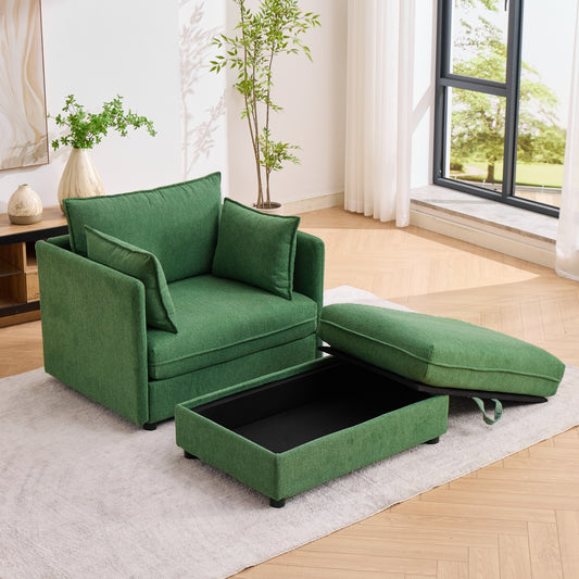 Oversized Deep Seat Chenille Single Sofa Accent Chair, Upholstered Chaise Lounge, Matching Storage Ottoman & Three Throw Pillows, Perfect for Apartment, Bedroom, Living Room