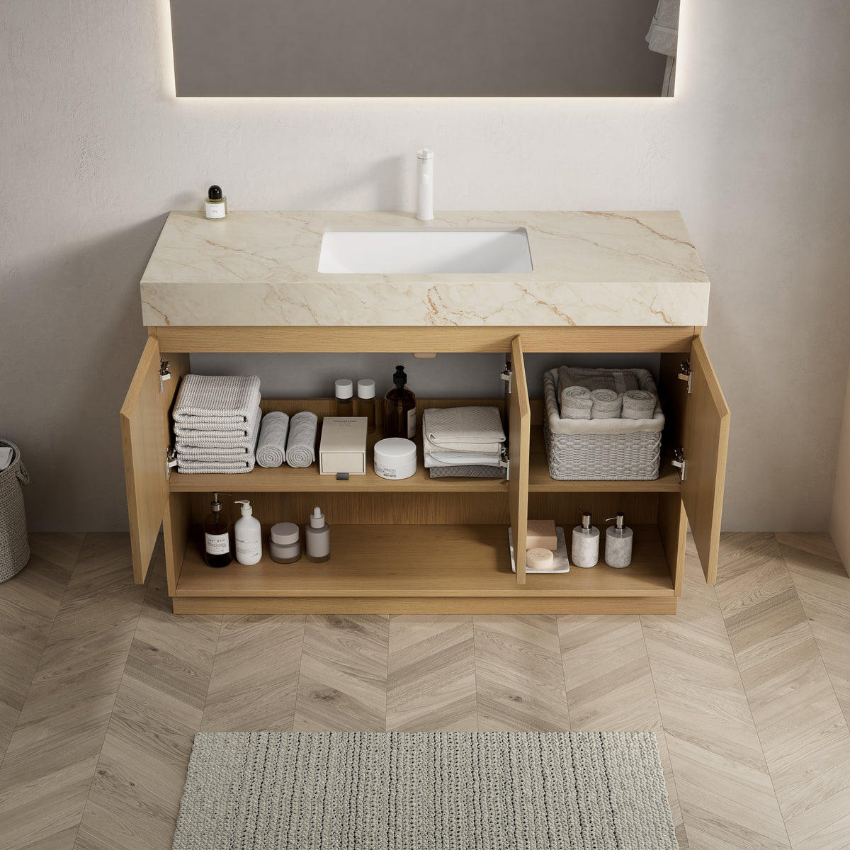 FINO 48" Bathroom Vanity&Sink,Freestanding Cabinet,Cream Gold Vein Sintered Stone Top&Ceramic Basin with 1 Pre-drilled Faucet Hole, Disassembled, Faucet & Drain Excluded, Corolla Oak Woodgrain Color