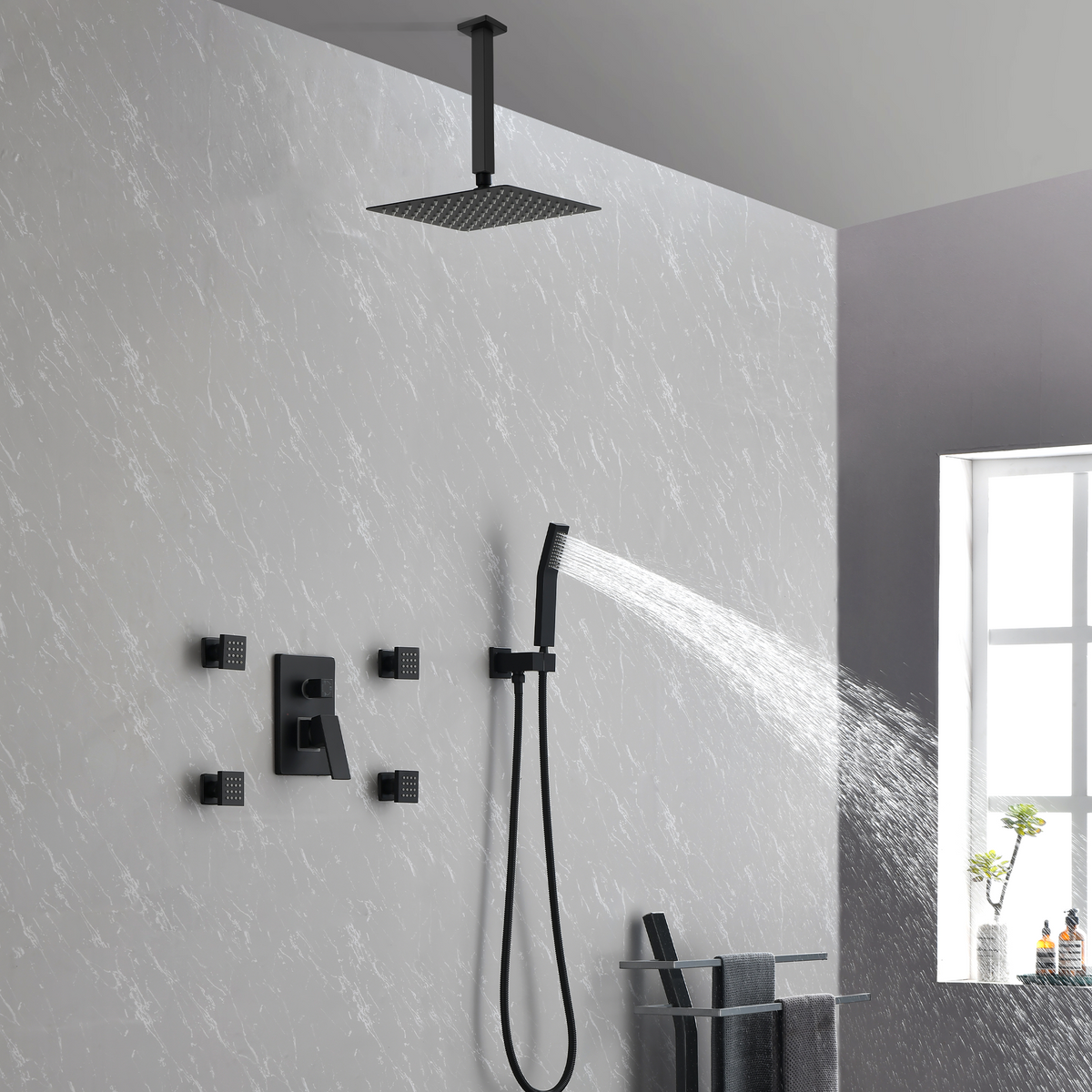 Shower System, 10-Inch Matte Black Full Body Shower System with Body Jets, Square Rainfall Shower Head, Handheld Shower, and Pressure Balance Shower Valve, Bathroom Luxury Faucet Set