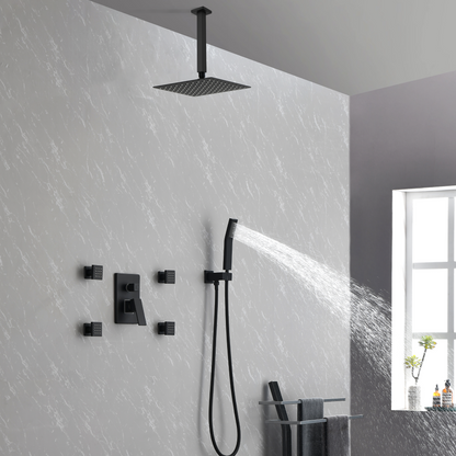 Shower System, 10-Inch Matte Black Full Body Shower System with Body Jets, Square Rainfall Shower Head, Handheld Shower, and Pressure Balance Shower Valve, Bathroom Luxury Faucet Set
