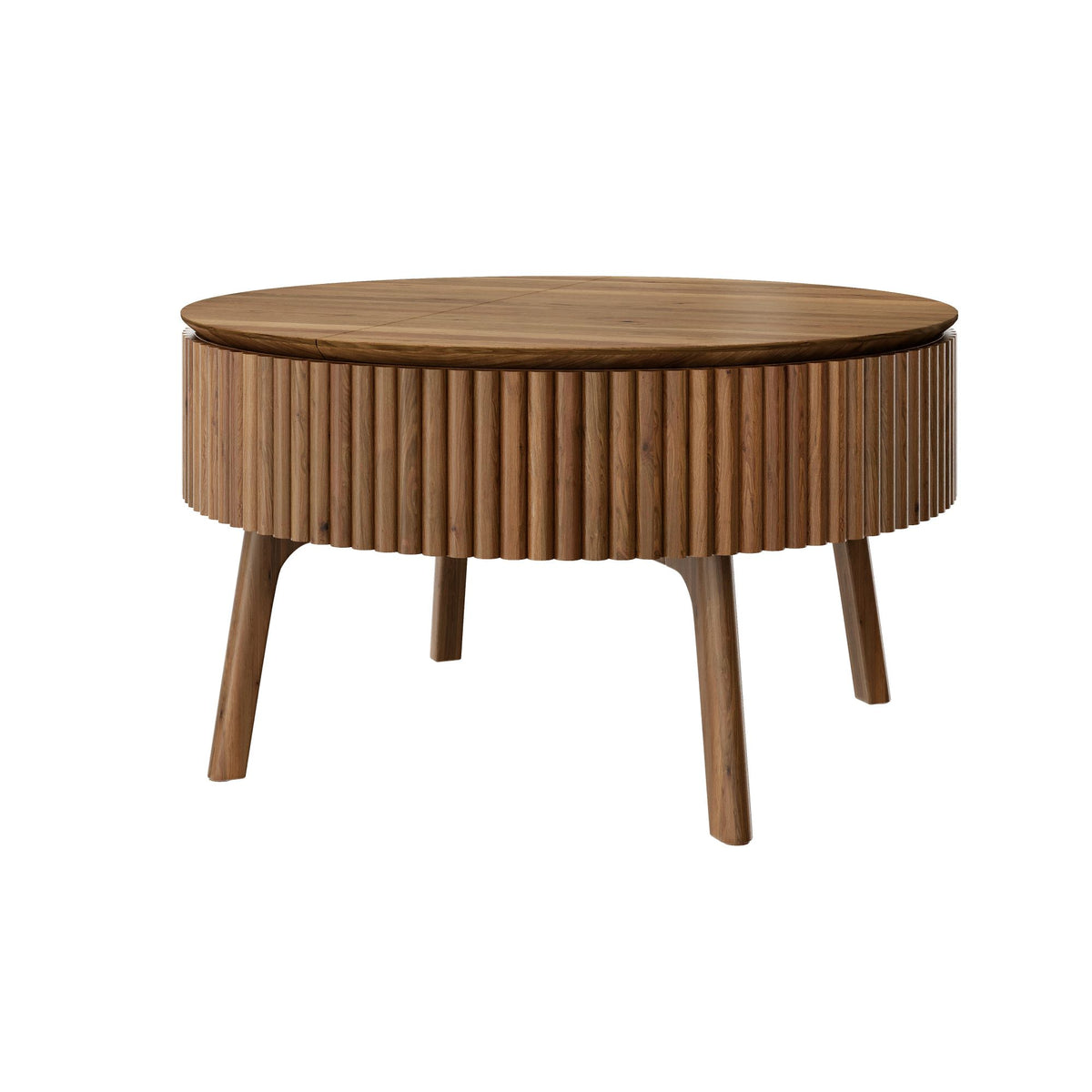 Modern Round Lift-Top Coffee Table with Half Flip-Top & Hidden Storage, Solid Wood Mid-Century Coffee Table with Fluted Design, 30.3' Walnut Space-Saving Center Table for Living Room