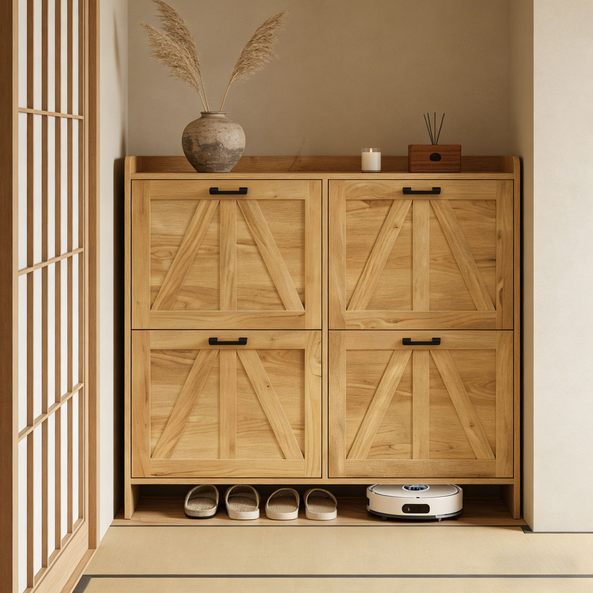 Light Oak Rustic Barn-Door Shoe Cabinet with 4 Flip Drawers, Sleek Space-Saving Entryway Organizer
