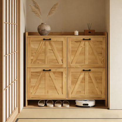 Light Oak Rustic Barn-Door Shoe Cabinet with 4 Flip Drawers, Sleek Space-Saving Entryway Organizer