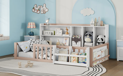 Twin Size Kids Wooden Platform Bed Frame with Guardrail Fence, Side Storage Shelves & Book Shelf, Space Saving Floor Bed,Nude and  White