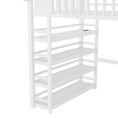 Full Loft Bed with 4 Shelf Storage Rack and Charging Station,Metal Full Loft Bed with Stairs Storage for Kids Teens, Patent Products,White(Old skuW2580S00075)