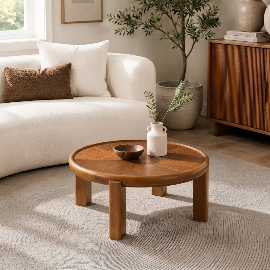33.46' Round Coffee Table with Sunburst Wood Grain Top, Solid Wood Tray Frame & Cylindrical Legs, Mid-Century Retro Honey Oak Cocktail Table for Living Room