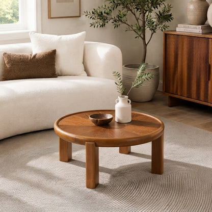 33.46' Round Coffee Table with Sunburst Wood Grain Top, Solid Wood Tray Frame & Cylindrical Legs, Mid-Century Retro Honey Oak Cocktail Table for Living Room