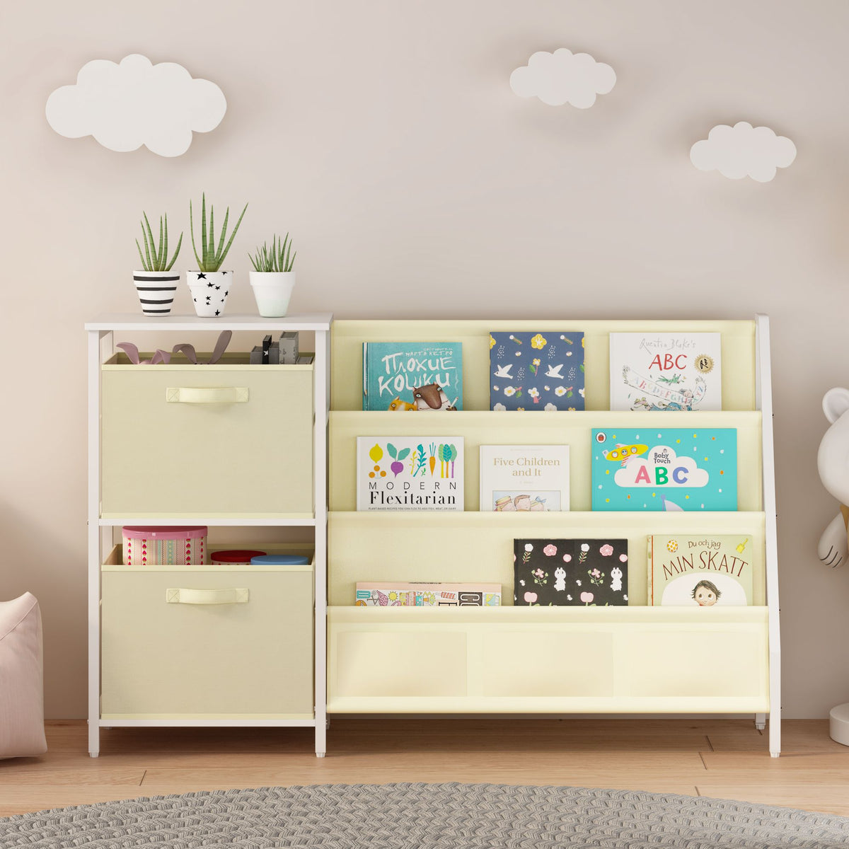 Kids Bookshelf with 3-Tier Front-Facing Book Display, 2 Storage Bins and Bottom Cabinet, Children's Bookcase Organizer for Bedroom, Playroom and Nursery