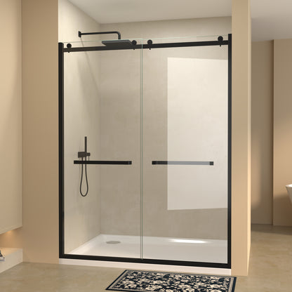 Semi-frameless Double Sliding Glass Shower Doors, 60" Width x 76"Height with 3/8"(10mm) Clear Tempered Glass, Matt Black